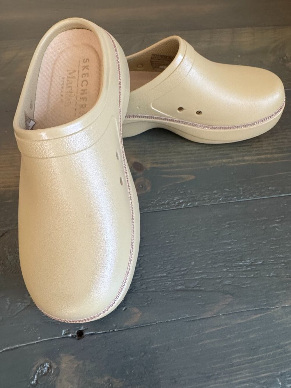 Sketchers X Martha Stewart Shimmer Clogs with Rose Gold Detail